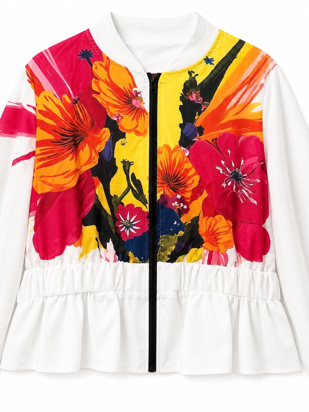 Women's White Floral Bomber Jacket - Vibrant Multi